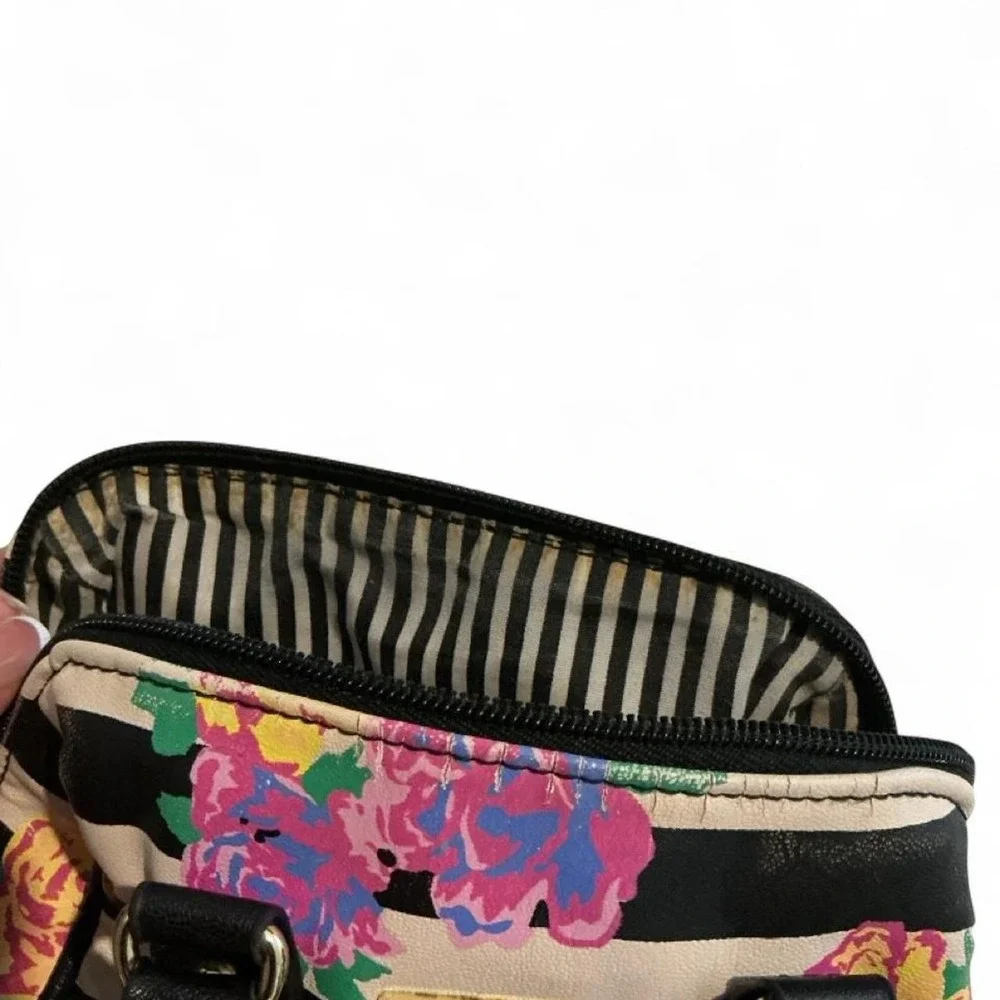 Luv Betsey Mini Satchel Women Small Black Floral Striped Tassel Bow